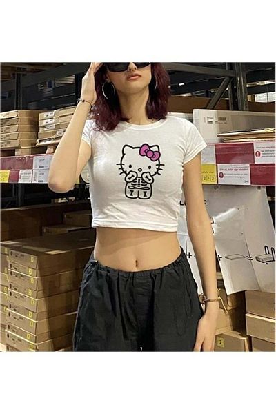 Aesthia Mingalondon Hello Kitty Bony Printed White Crop