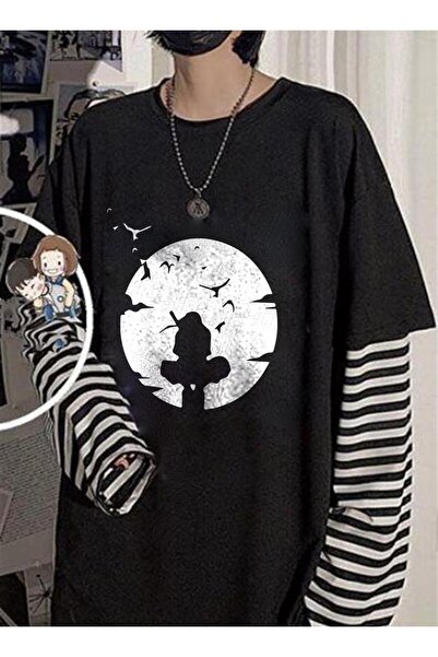 Aesthia Tricou negru unisex cu imprimeu Itachi Shadow MINGALONDON - Mâneci false