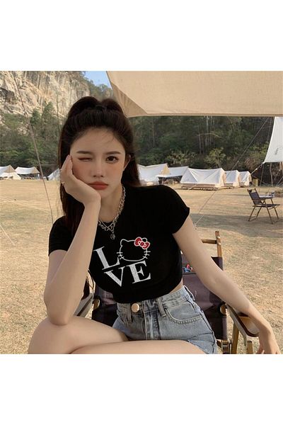 Aesthia MINGALONDON - Μαύρο Crop πουκάμισο, Love Cat Printed