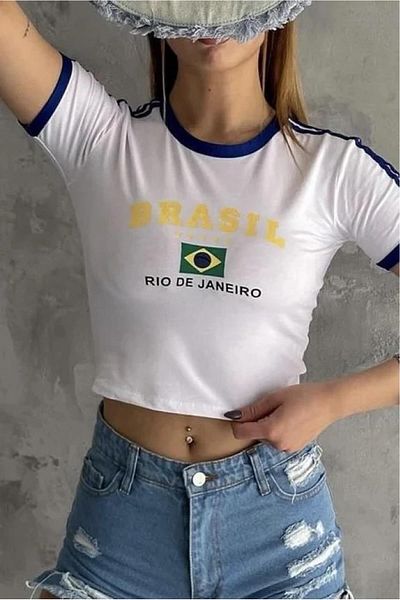 Aesthia MINGALONDON - Brasil Printed, White Piping Crop Μπλούζα