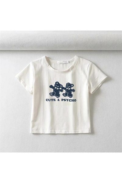 Aesthia MINGALONDON - White Crop Shirt, Cute & Psycho Bears Printed