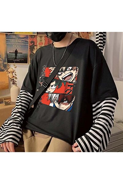 Aesthia MİNGALONDON  My Hero Academia Collage Baskılı Fake Sleeves Unisex Siy...