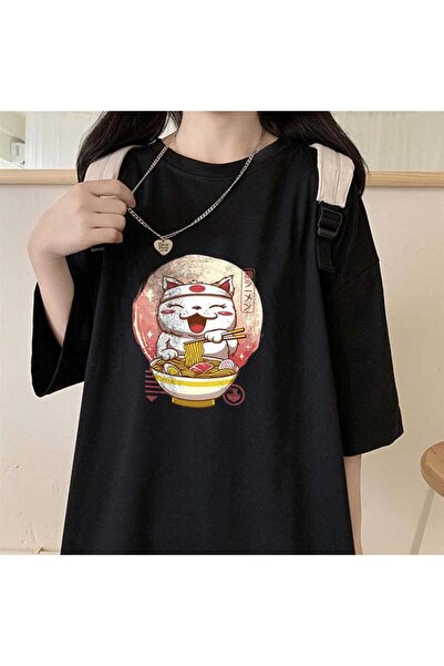 Aesthia MINGALONDON Crna mačka spageti unisex He Oversize kroj majica