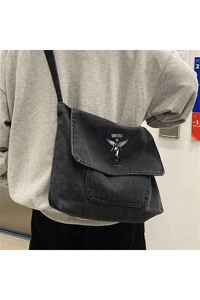 Aesthia MINGALONDON Geantă unisex gri cu imprimeu Nirvana Wing - Design vintage din denim
