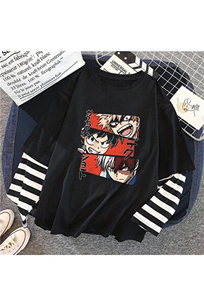 Aesthia MİNGALONDON  My Hero Academia Collage Baskılı Fake Sleeves Unisex Siyah T-shirt