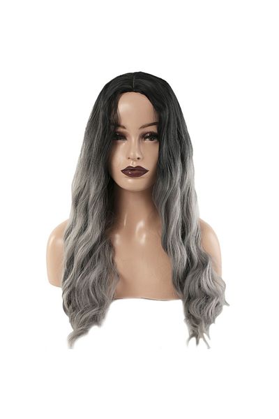 A Bay35 Long Water Wavy Synthetic Kanekalon Wig - Black Gray Ombreli