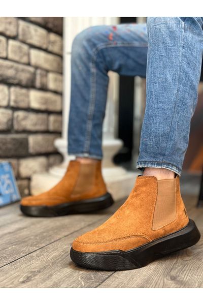 BOA BA0150 Ανδρικά Αθλητικά Μποτάκια Suede Tan Μαύρα ψηλή σόλα - Χωρίς κορδόνια