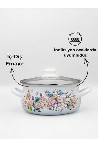 Bonera 20cm Bird Patterned - Single Enamel Casserole Pot with Glass Lid
