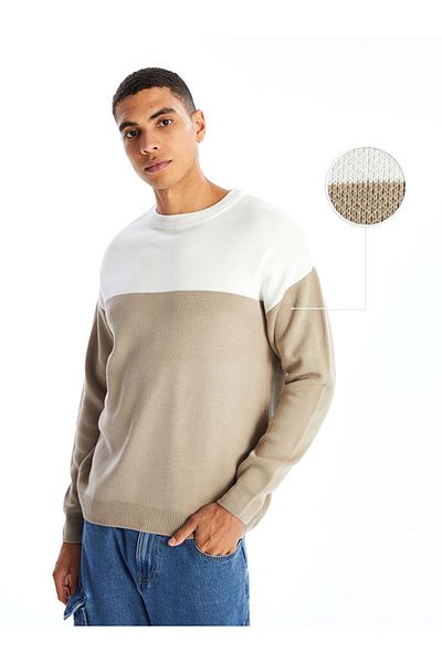 LC Waikiki Men's Knitwear Sweater - Crew Neck, Long Sleeve, Color Block