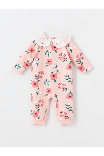 LC Waikiki Long Sleeve Floral Patterned Baby Collar Baby Girl Jumpsuit