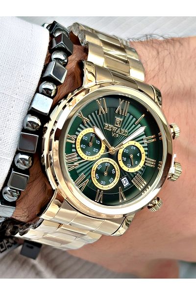 Reward 3 Atm Waterproof Men's Wristwatch - Gold Color, Steel Cord, Bracelet Included