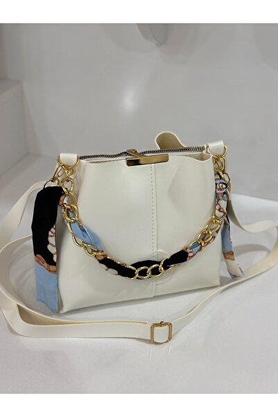 ESTUTE Kadın Fularlı Zincir Aksesuarlı Yumuşak Deri 3 Bölmeli El Kol Ve Omuz Çantası
