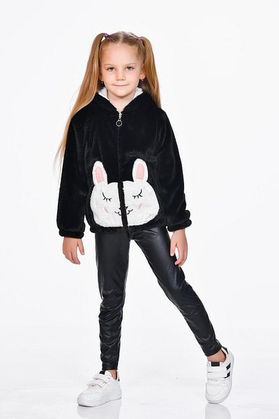 Kamex Plush Inside Welsoft Ears Hooded Embroidered Rabbit Girl's Coat Black