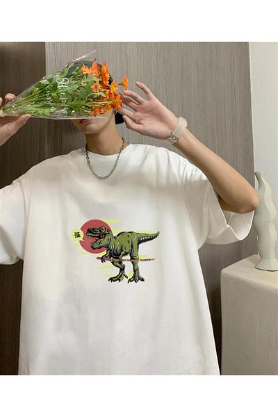 Pink Sky Dinosaur Printed White Unisex Oversize T-shirt
