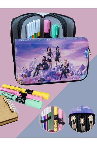 OneSize Black Pink Vomen Themed - Three Compartment Vegan Leather Pencil Case