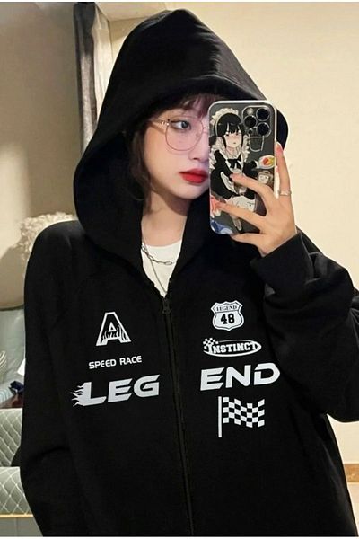 Boi F1 Legend Design - Μαύρη ζακέτα με κουκούλα, χειμερινό φούτερ με φαρδιά στάμπα και τσέπες