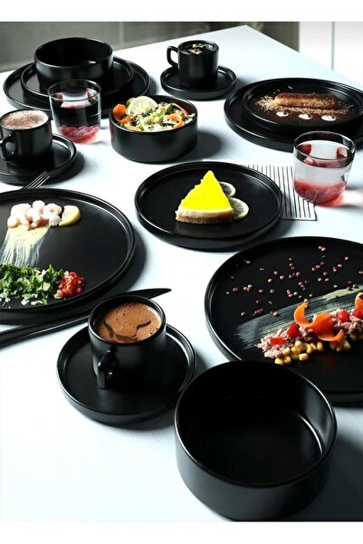 Keramika طقم أسود غير لامع مكون من 4 أشخاص - قابل للتكديس