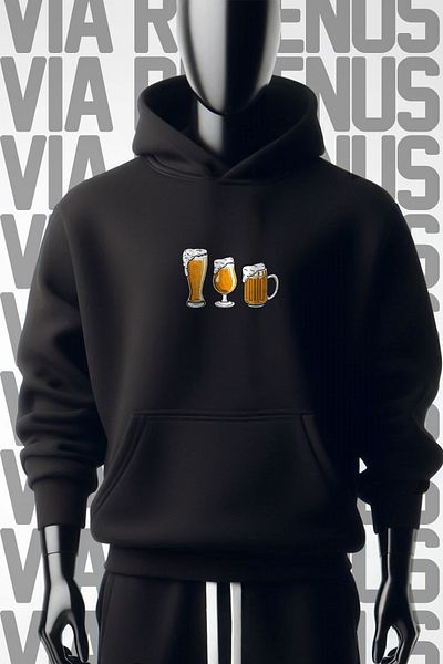 Vordevia Beer 3 Thread Wide Fit - Μπροστινό και πίσω εμπριμέ φούτερ με μαύρη κουκούλα