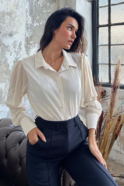 For You Limited Pleated Sleeve Chiffon Detail Stone Satin Shirt