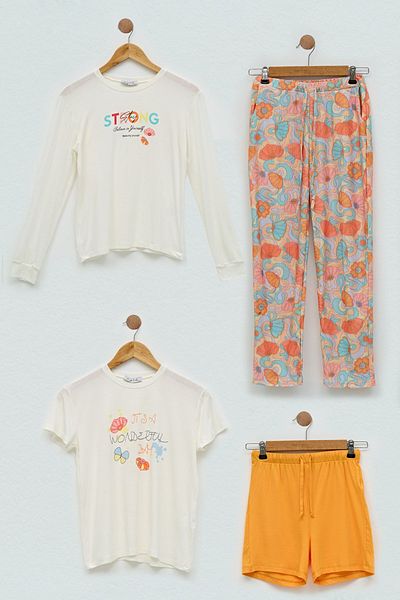 for you kids 4-Piece Strong Printed Ecru Pajama Set