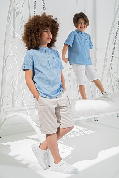 for you kids Buttoned Collar Blue Shirt with Pocket Detail