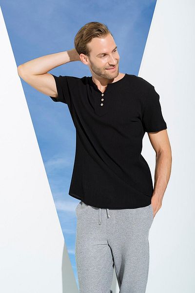 For You Man Organic 3 Button Short Sleeve Black Shirt