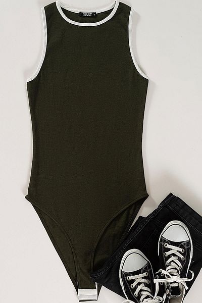For You Woman Ribbed Garnished Green Bodysuit