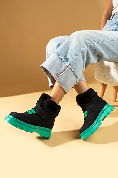 Pembe Potin Çocuk Siyah Yeşil İçi Kürklü Çırtlı Rahat Taban Bot