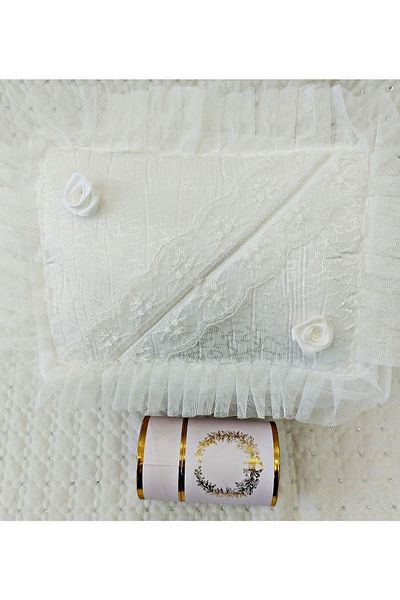 DİLEX Pachet 4 piese Mireasa Mire Cadou Zestre Pachet Taffeta Cutie cu franjuri Set Covor Rugăciune Roz Pudrat Alb