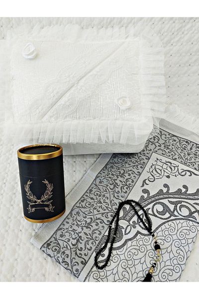 DİLEX 4 Piece Bundle Bride Groom Gift Dowry Bundle Taffeta Fringed Box Prayer Rug Set Black White