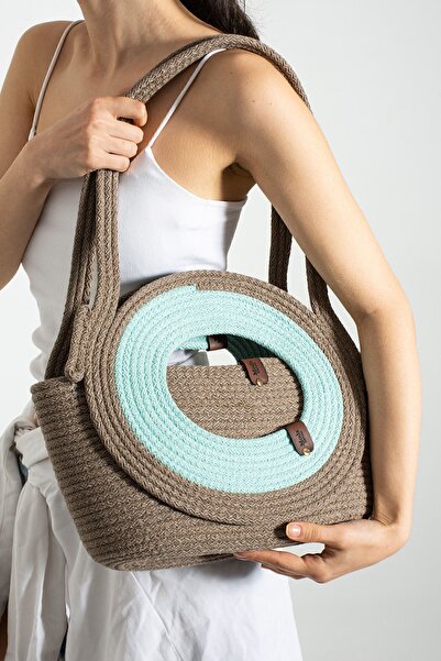 Moda Devrin Turquoise Mink Round Cotton Cord Rope Beach Bag Daily Bag
