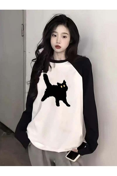Touz Moda Λευκό μακρυμάνικο μπλουζάκι Raglan με στάμπα μαύρης γάτας