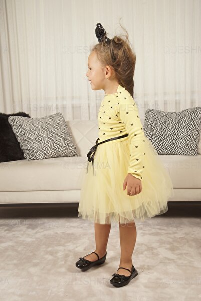 QUESHMA Kız Bebek Çocuk Prenses Kabarık Tütü  Kalpli Uzun Kol Esnek Likralı Elbise