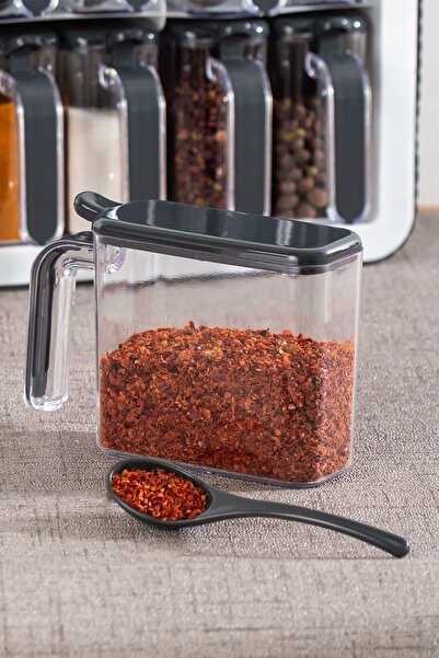 Porsima 1041 Standlı 12 Li Kendinden Yapışkanlı Kaşıklı Kapaklı Baharatlık Takımı-etiketli Baharatlık-siyah