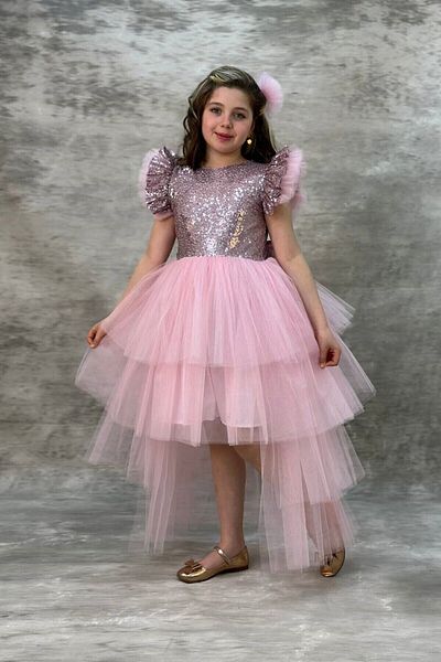 ABİYEKİDS Παιδικό βραδινό φόρεμα σε στυλ Dusty Pink - Aby745 με πούλιες και ουρά Katkat