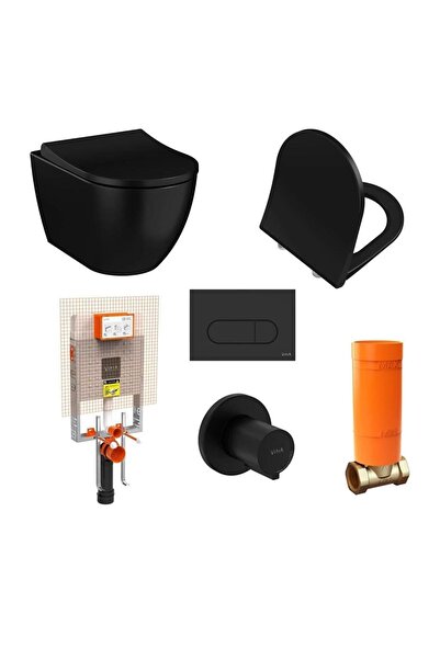 VitrA S60 Mat Siyah Kanalsız Asma + Mat Siyah Gömme Rezervuar + Slim Yavaş Ka...