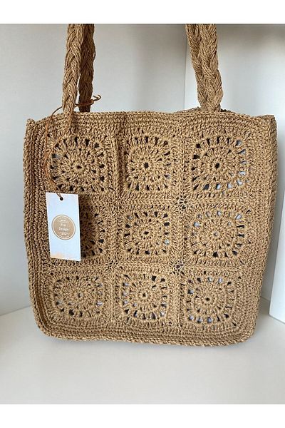 PeriStore Fairy Straw Tote Motif Hand Knitted Bag Large Size Lined 32X32Cm