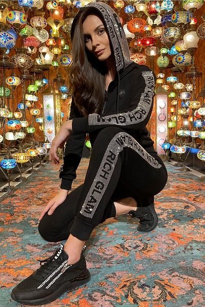 RICH GLAM Γυναικεία αθλητική φόρμα μεγάλου μεγέθους με βαμβακερή κουκούλα και φερμουάρ με 3 κλωστές από κρυστάλλινη πέτρα - Κομψή σχεδίαση