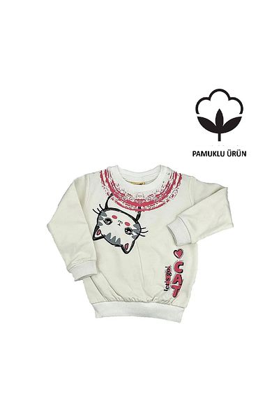 Petto Girls Cat Printed Baby Girl Sweat White
