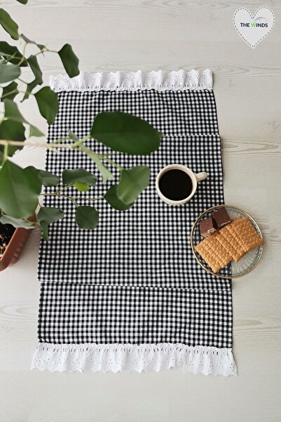 THE WINDS Pötikareli Runner, 38x100 Cm, Fırfırlı, Piti Kareli Balkon, Mutfak Sehpa örtüsü Ranır siyah beyaz