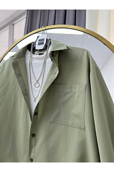 modabetce Χακί Πράσινο Oversize Γυναικείο Πουκάμισο - Μανίκι με μπαλόνι και λεπτομέρεια πιέτας