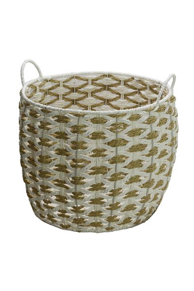 T.Concept Beige-White Colored Decorative Wicker Basket - Oval Design, Multipurpose, Durable (L)