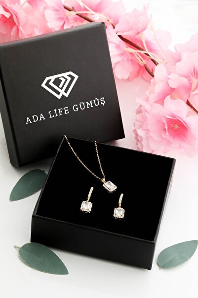 ADA LİFE GÜMÜŞ 925 Ayar Gümüş 2 Li Tek Taş Baget Set (ÖZEL KUTULU) KOLYE KÜPE