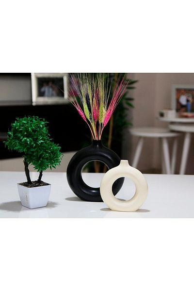 stonnish Bohemian Ring Vase - Dual Color Series, Set of 2 Black & Cream
