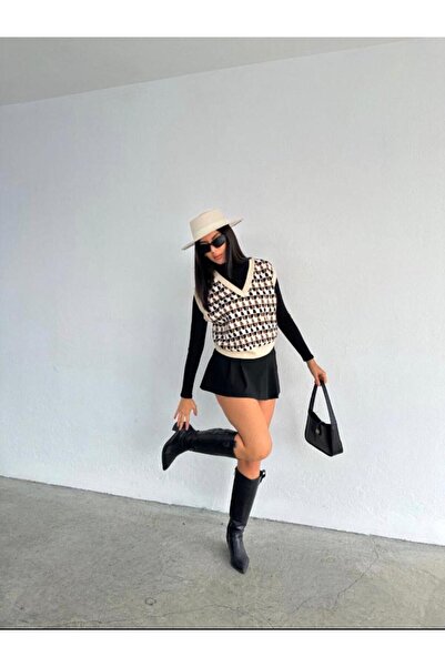 SHUGAA Pötikare Desenli Triko V Yaka Kahve Rengi Süveter