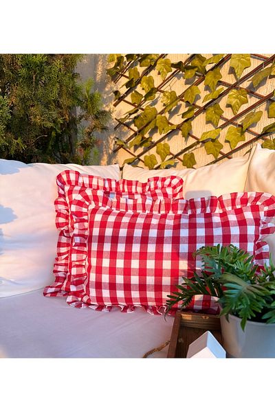 Decamor home Vintage Frilly Red Linen Large Gingham Throw Pillow Cover Linen Throw Pillow Cover 1 Pc