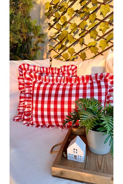 Decamor home Vintage Frilly Red Linen Large Gingham Throw Pillow Cover Linen Throw Pillow Cover 1 Pc