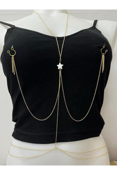 Arescollection KOLYELİ  BEL ZİNCİRLİ SIKIŞTIRMA DELİKSİZ MEME UCU PİERCİNGİ