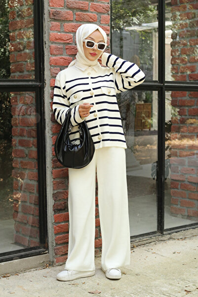 PİNK FLY طقم تريكو مكون من قطعتين - نمط مخطط وسترة صوفية