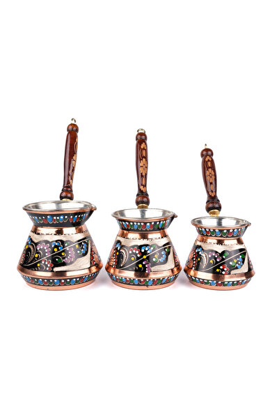 Zinnun Set of 3 Chubby - Copper Coffee Pot, Erzincan Hand Embroidery